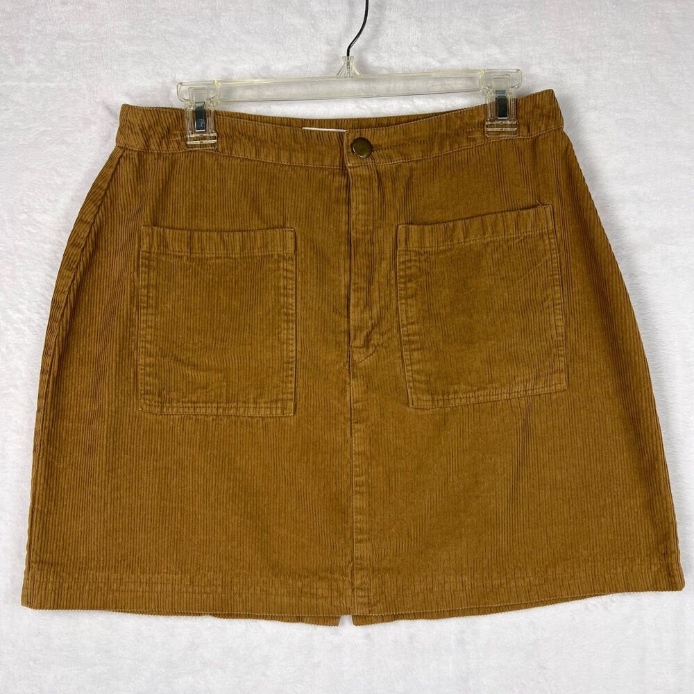 Japna L Camel Brown Corduroy A-Line Mini Skirt Front Patch Pockets Western Boho